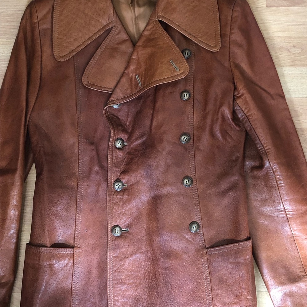 Vintage Brown Leather Double-Breasted Pea Coat
